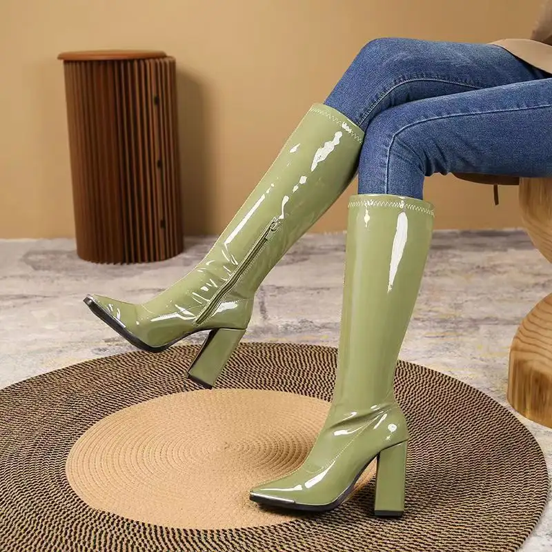 Women High Chunky Heel Knee High Platform Boots Square Toe Slip on Long Booties High Heel Boots For Woman