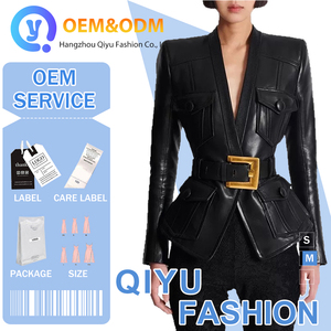 2026 QY OEM Atacado Personalizado Design Casual Moda Roupa Externa Casaco Feminino com Cinto Largo Decorativo Trench <span class=keywords><strong>Blazer</strong></span> de PU - Product Image 1