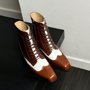 Botas de Tobillo de Cuero Genuino Premium para Hombre, Modelo 2026, Color Marrón y Blanco, Punta Cuadrada, Tacón Alto, Cierre Lateral con Cremallera - Product Image 2