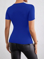 Nouveauté T-shirt chic pour femme bleu royal à découpes croisées, manches courtes, sexy, moulant