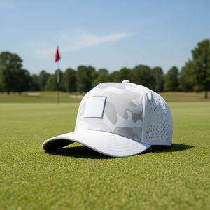 หมวกแก๊ป 5 แผง กันน้ำ สำหรับผู้ชาย  พร้อมโลโก้ซิลิโคนแบบกำหนดเอง หมวกกอล์ฟ  ลายพราง  พร้อมรูเจาะด้วยเลเซอร์ - Product Image 1