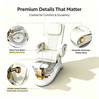 Sillón de Pedicura Profesional de Lujo para Salón de Uñas, Cuero Blanco, Decoración Dorada, Lavabo de Cristal