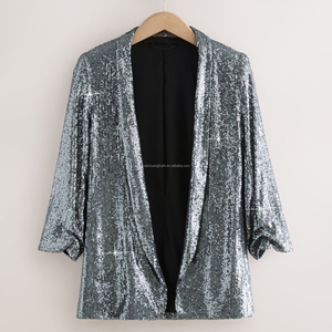 Veste Blazer à Paillettes à Manches Plissées à Ouverture Devant Personnalisée pour Femmes - Product Image 3