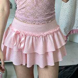 Jupe Lolita mignonne rose à pois, à volants, avec nœud sur le devant, doublée, anti-exposition, pour la danse - Product Image 6