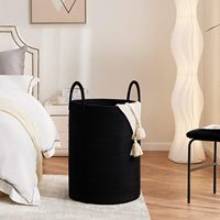 Panier à linge poignée portable grand rond pur noir décoration de la maison moderne bacs de rangement tissé coton corde paniers à linge