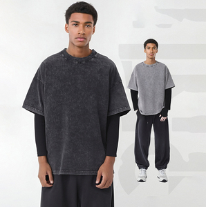 ET-019 250g Acid Wash Long Sleeve Shirts Y2K Crew Neck 2 in 1 T-Shirt Oversized Tops Streetwear Long Sleeve <strong>Tshirts</strong> - Product Image 4
