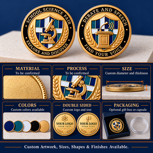 Moneda de desafío de metal chapada en oro personalizada, medalla redonda troquelada con logotipo para premio de feria científica escolar, OEM ODM - Product Image 4