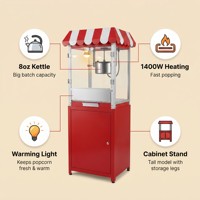 Máquina de Palomitas Comercial, Olla de 8oz, 1400W, Eléctrica, con Carrito, Estilo Cine, Acero Inoxidable