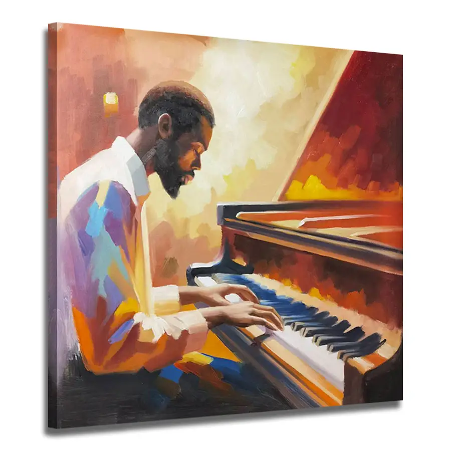 オリジナルアート高品質のカスタマイズ可能なピアノキャンバスを演奏する男の現代アフリカの肖像画家の装飾壁アート