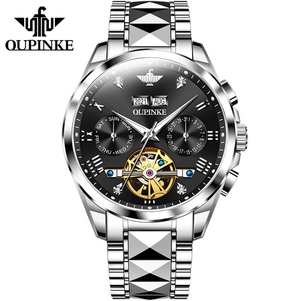 Oupinke 3186 OEM Men Tourbillon Automatic Mechanical Date Stainless Steel Luxury Class Waterproof Clock Business Wrist Watches