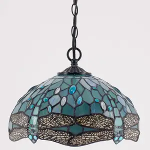 12X40 Inches Stained Glass Sea Blue Dragonfly Romantic Style Embedded Hanging Tiffany Pendant Light Wholesale Lamp