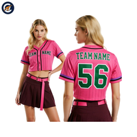 Maillot de baseball court rose à rayures fines pour femme, col en V contrastant, manches courtes, uniforme d'équipe par sublimation, OEM ODM