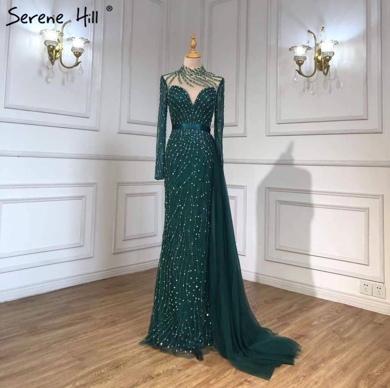 Navy Blue Mermaid Evening Gown with Beaded Full Sleeves  Elegant Long Dress  for Parties and Bridal Events 2022 Trend