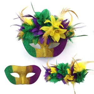 Maschera di Carnevale in Polvere a <span class=keywords><strong>Tre</strong></span> Colori con Piume e Fiori, Mezza Maschera per Occhi, Stile Veneziano Italiano - Product Image 4