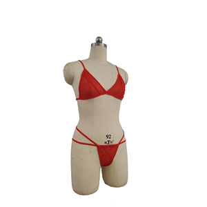 Ensemble soutien-gorge et culotte en maille rouge pour femme, taille basse, en spandex, lingerie sexy, ensemble trois pièces, vente en gros pour l'exportation - Product Image 2