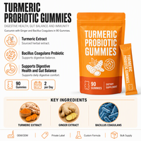 Gummies Probiotiques au Curcuma et au Gingembre pour la Santé Digestive et Intestinale, Supplément à base de Bacillus Coagulans, Sans Sucre, Végétalien, Marque Blanche