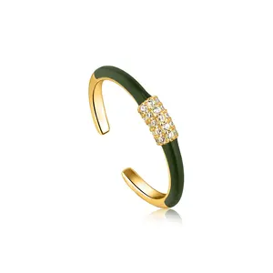 Milskye 925 silver fine jewelry 14k gold pave zircon green enamel ring