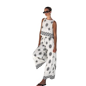 European American Fashion <b>Linen</b> Vest Wide Leg Pants <b>Set</b> White Smlxlxxl Casual Stylish Commute - Product Image 5