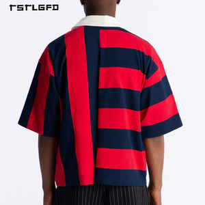 Camisetas <span class=keywords><strong>de</strong></span> Hombre al por Mayor, Personalizadas, con Estampado Veraniego, Cuello Alto, Diseño Colorblock, OEM/ODM, Rayas Rojas y Azul Marino, Gráfico Informal, Jersey <span class=keywords><strong>de</strong></span> 300g - Product Image 3