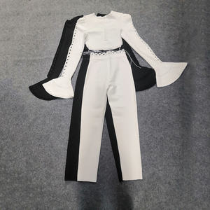 C2614 Set Estivo Casual da <span class=keywords><strong>Donna</strong></span> in Due Pezzi, Bianco e Nero, con Maniche a Campana, Lacci e Dettagli Traforati, Slim Fit, Eco-Friendly - Product Image 3