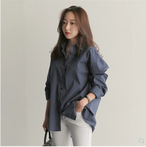女春秋棉条纹衬衫宽松休闲长袖翻领v领纽扣衬衫 - Product Image 6