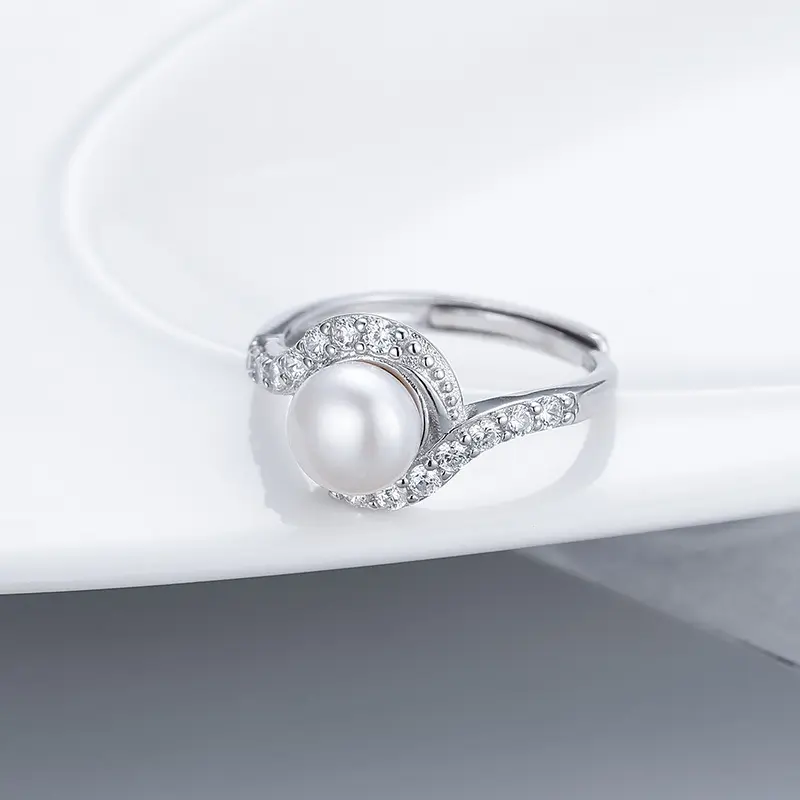 Verstelbare Vrouwen Luxe S925 Sterling Zilveren Parel Ringen Volledige Diamond 925 Sterling Zilver Zoetwater Parel Vinger Ringen