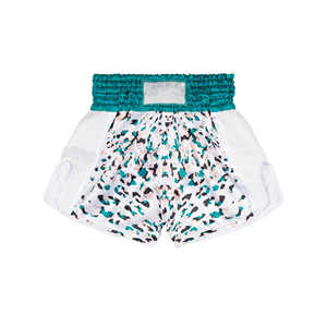Shorts de Muay Thai unisexe en satin respirant à imprimé léopard blanc et turquoise pour l'entraînement de kickboxing - Product Image 5
