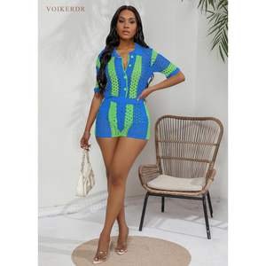 Ensemble 2 pièces personnalisé pour femme 2026 : chemise et short en crochet ajouré, col en V, respirant, tenue de plage estivale bleu-vert - Product Image 4