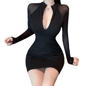 V-neck Mesh Paneled Bodycon Dress Black Slim Fit Natural Waist Evening Wear - Product Image 5