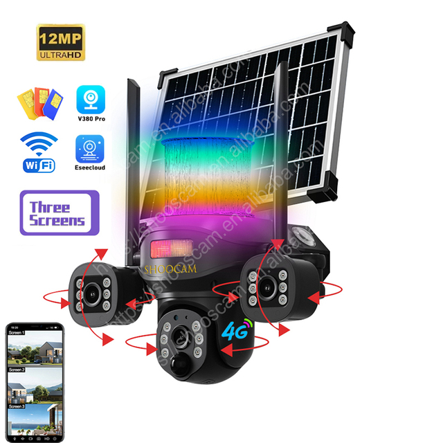 RGB Color Dimming 3 Lens Solar Camera Ip66 Waterproof Full Color Night Mobile Tracking Alarm Home Security Cctv Camera V380