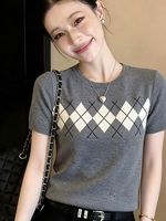 T-shirt en tricot à motif Argyle pour femme, col rond, manches courtes, coupe ajustée, style décontracté preppy, haut en tricot d'été