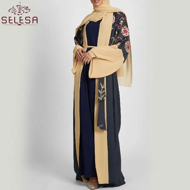 Vestido Kimono Kardigan Panjang Wanita, Gaun Islami Wanita Kaftan Kardigan Panjang Motif Bunga Desain Baru Feminin