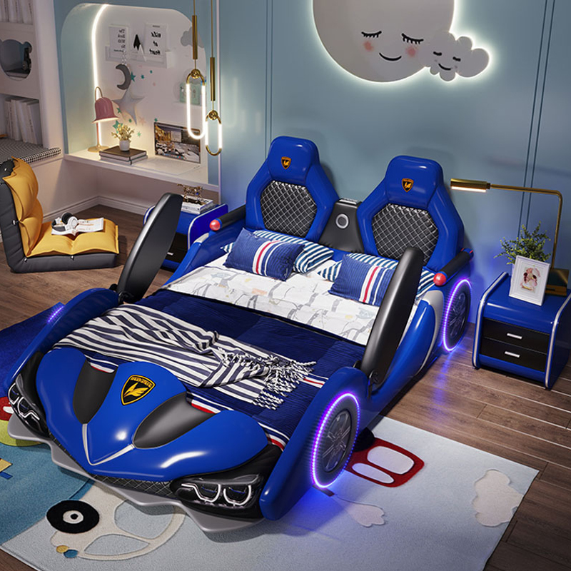 Fabrik großhandel doppel kreative kinder auto bett junge cartoon leder einzel bett mit leitplanke mädchen Kinder racing auto bett