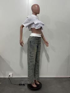 Jeans vintage à jambes larges pour femmes, avec ceinture côtelée patchwork et motifs variés, tendance - Product Image 6