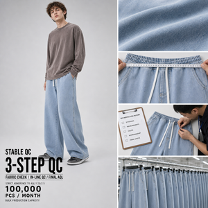 <span class=keywords><strong>Jeans</strong></span> da Uomo a Gamba Larga <span class=keywords><strong>con</strong></span> <span class=keywords><strong>Elastico</strong></span> in Vita e Coulisse, Vestibilità Ampia, in Denim Lavaggio Chiaro, Stile Streetwear, Fornitore Private Label - Product Image 4