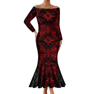 Abito a Sirena Lungo con Stampa Hawaiana Cyathea Dealbata, Maniche Lunghe e Spalle Scoperte, Vestito Polinesiano Personalizzato per Donne - Product Image 2