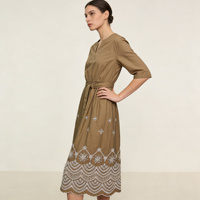 Robe midi kaki brodée pour femme, col en V, taille nouée, manches courtes, style bohème décontracté, robe d'été