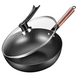 Woks et poêles <span class=keywords><strong>à</strong></span> frire traditionnels chinois <span class=keywords><strong>en</strong></span> <span class=keywords><strong>fonte</strong></span> antiadhésive avec couvercle <span class=keywords><strong>en</strong></span> verre/<span class=keywords><strong>bois</strong></span> et poignée <span class=keywords><strong>en</strong></span> <span class=keywords><strong>bois</strong></span> pour cuisinières <span class=keywords><strong>à</strong></span> gaz et <span class=keywords><strong>à</strong></span> induction - Product Image 3