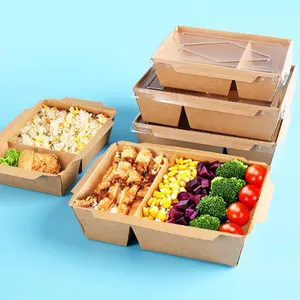 Custom Disposable 2 Compartment Kraft Paper Take Out Box Food Takeaway Kraft Paper Lunch Box Takeaway Bread Boxes Accept