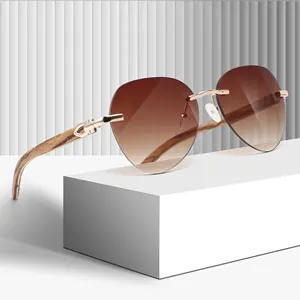 CONCHEN 2023 New Trend PC Wood Temple Sunglasses Rimless Sun Glasses For Man Women
