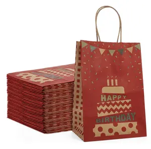 100% Recycled Small Paper Bags with Handles for Birthdays, Party Bags Kraft Bags for Boutique in Red