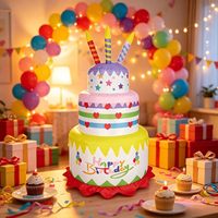 Décoration de gâteau d'anniversaire gonflable commerciale avec lumières LED imprimées, pour extérieur, jardin, pelouse, fête, festival, accessoire de décoration 6 pieds