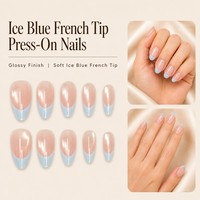 Y151 Kaixin Faux ongles à presser, bleu glace, French manucure, effet œil de chat, bleu intérieur, bord français, forme amande, finition brillante, Nail Art
