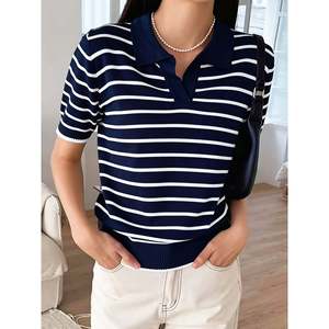 เสื้อสเวตเตอร์แขนสั้นลายทางผู้หญิง S สีเบจลายทางสีดำเสื้อถักสวมใส่สบายๆ - Product Image 6