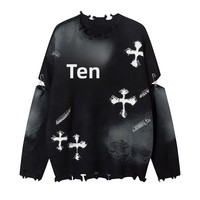 Pull tricoté Penpace style urbain, effet vieilli, motif troué, design croisé, look vintage audacieux, coupe ample et tendance