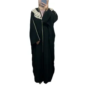 Bicomfort 2024 Preto elegante e casual Eid vestido muçulmano manga grande morcego solto frente aberta estilo árabe Maxi Abaya