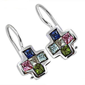 Exquisitos diseños únicos de signo más, corte de cojín multicolor facetado 925, pendiente de CZ de múltiples piedras preciosas de ley sólida - Product Image 2