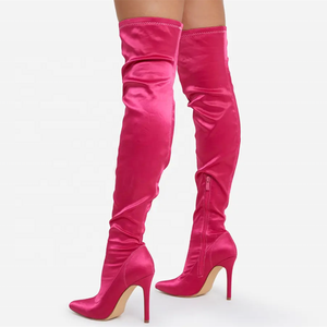 รองเท้าบูทหุ้มข้อทรงแหลมสำหรับผู้หญิง ผ้าเนื้อนุ่มยืดหยุ่น รองเท้าบูทยาวเหนือเข่า ส้นสูงบาง รองเท้าส้นสูงสำหรับฤดูใบไม้ผลิ - Product Image 5