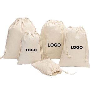 Petite pochette en coton blanc avec logo imprimé personnalisé, sacs en toile écologiques avec cordon de serrage pour les cadeaux de mariage et l'emballage de bijoux - Product Image 1