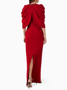 Rode avondjurk <span class=keywords><strong>2026</strong></span> Maxi vleermuismouw zwierige cape mouw bodycon gerimpelde feestjurk met glitters en kralen versierd formeel - Product Image 2